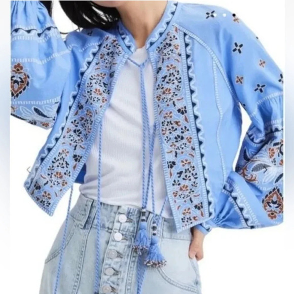 VERONICA BEARD || Rivoli Embroidered Tassel-Tie Cropped Jacket Blue Linen xs - Picture 3 of 13
